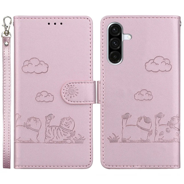 For Samsung Galaxy A56 5G  /  A36 5G Case RFID Blocking Kitten Pattern TPU+PU Leather Phone Cover - Pink