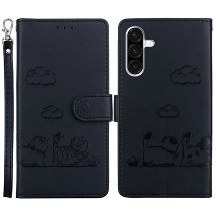 For Samsung Galaxy A56 5G  /  A36 5G Case RFID Blocking Kitten Pattern TPU+PU Leather Phone Cover - Black