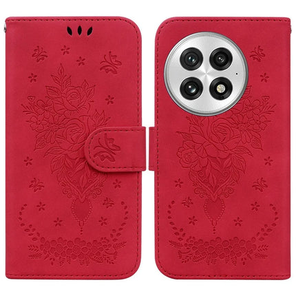 For OnePlus 13 Case PU Leather Wallet Phone Cover Butterfly Flower Imprint - Red