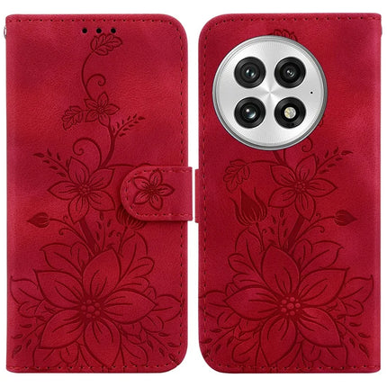 For OnePlus 13 Case Lily Flower Imprint Leather Phone Cover with Stand - Red