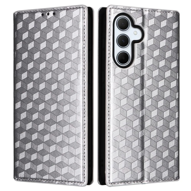 For Samsung Galaxy A56 5G Wallet Case Rhombus Imprinted Leather Phone Cover - Silver