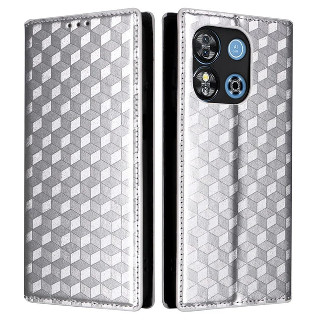 For Oukitel C57 Pro / C57s Wallet Case Rhombus Imprinted Leather Phone Cover - Silver