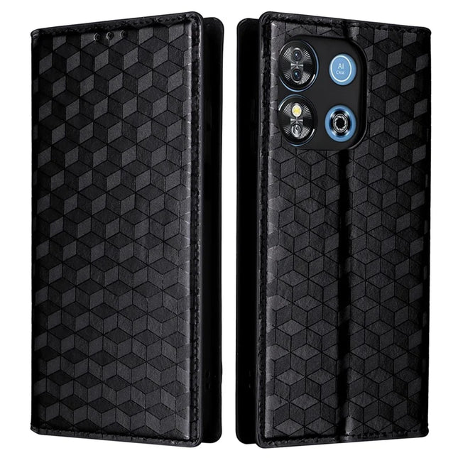 For Oukitel C57 Pro / C57s Wallet Case Rhombus Imprinted Leather Phone Cover - Black