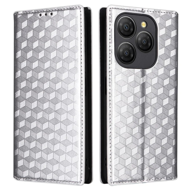 For Blackview Shark 9 5G Wallet Case Rhombus Imprinted Leather Phone Cover - Silver