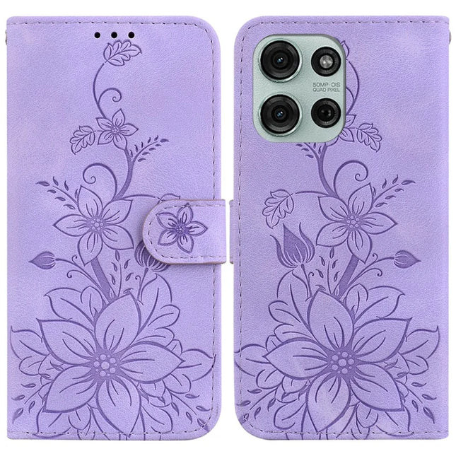 For Motorola Moto G75 5G Case Lily Flower Imprint Leather Phone Cover with Stand - Purple