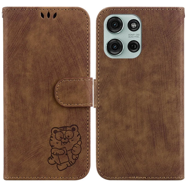 For Motorola Moto G75 5G Wallet Case Tiger Imprint Leather Shockproof Phone Cover - Brown