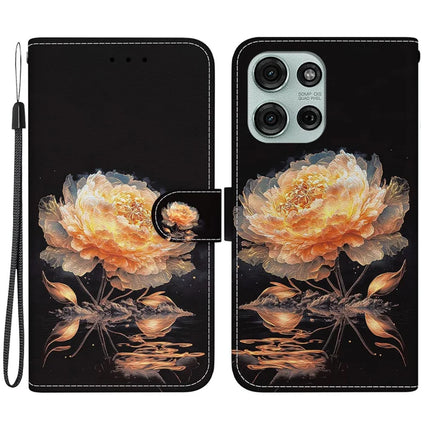 For Motorola Moto G75 5G Wallet Phone Case Anti-Drop Leather Flip Cover Pattern Printing - Gold Peony