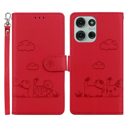 For Motorola Moto G75 5G Case RFID Blocking Kitten Pattern TPU+PU Leather Phone Cover - Red
