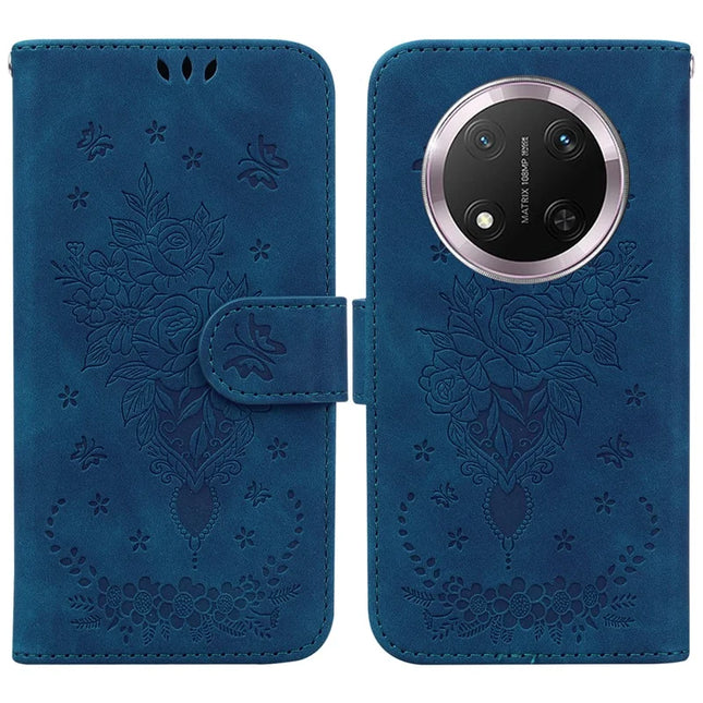 For Honor Magic7 Lite 5G / X9c 5G / X60 Pro 5G Case PU Leather Wallet Phone Cover Butterfly Flower Imprint - Blue