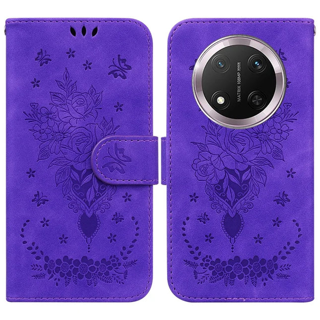 For Honor Magic7 Lite 5G / X9c 5G / X60 Pro 5G Case PU Leather Wallet Phone Cover Butterfly Flower Imprint - Purple