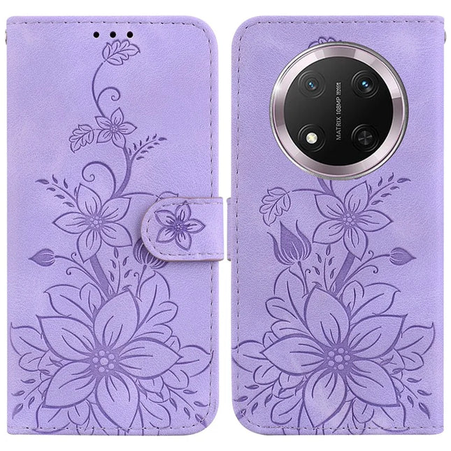 For Honor Magic7 Lite 5G / X9c 5G / X60 Pro 5G Case Lily Flower Imprint Leather Phone Cover with Stand - Purple