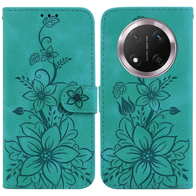 For Honor Magic7 Lite 5G / X9c 5G / X60 Pro 5G Case Lily Flower Imprint Leather Phone Cover with Stand - Green