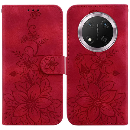 For Honor Magic7 Lite 5G / X9c 5G / X60 Pro 5G Case Lily Flower Imprint Leather Phone Cover with Stand - Red