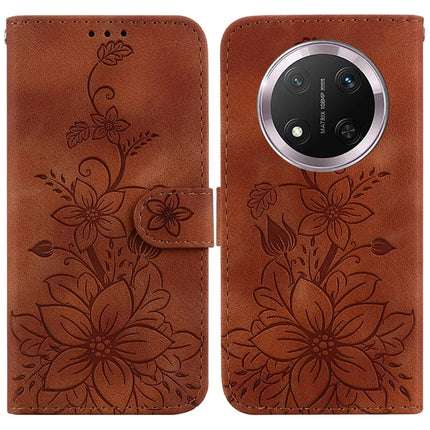 For Honor Magic7 Lite 5G / X9c 5G / X60 Pro 5G Case Lily Flower Imprint Leather Phone Cover with Stand - Brown
