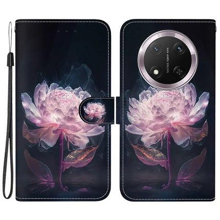 For Honor Magic7 Lite 5G / X9c 5G / X60 Pro 5G Wallet Phone Case Anti-Drop Leather Flip Cover Pattern Printing - Purple Peony