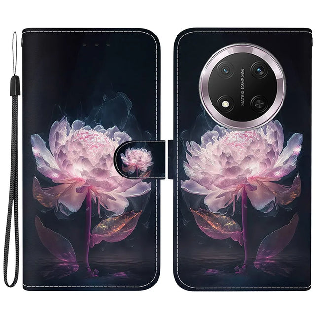 For Honor Magic7 Lite 5G / X9c 5G / X60 Pro 5G Wallet Phone Case Anti-Drop Leather Flip Cover Pattern Printing - Purple Peony
