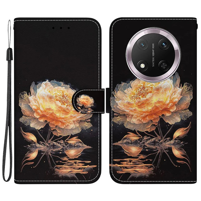 For Honor Magic7 Lite 5G / X9c 5G / X60 Pro 5G Wallet Phone Case Anti-Drop Leather Flip Cover Pattern Printing - Gold Peony