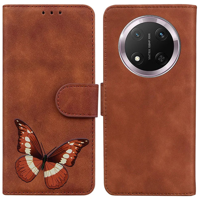 For Honor Magic7 Lite 5G / X9c 5G / X60 Pro 5G Stand Case PU Leather Phone Cover Butterfly Printed - Brown