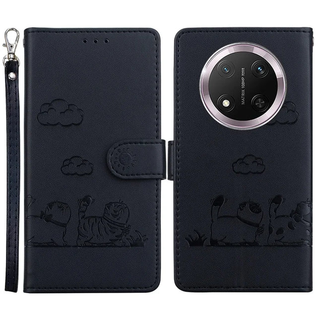 For Honor Magic7 Lite 5G / X9c 5G / X60 Pro 5G Case RFID Blocking Kitten Pattern TPU+PU Leather Phone Cover - Black