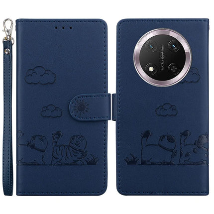 For Honor Magic7 Lite 5G / X9c 5G / X60 Pro 5G Case RFID Blocking Kitten Pattern TPU+PU Leather Phone Cover - Blue