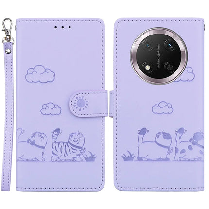 For Honor Magic7 Lite 5G / X9c 5G / X60 Pro 5G Case RFID Blocking Kitten Pattern TPU+PU Leather Phone Cover - Purple