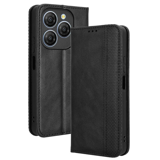 For Blackview Shark 9 5G Leather Case Wallet Stand Retro Texture Phone Cover - Black