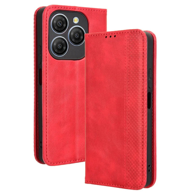 For Blackview Shark 9 5G Leather Case Wallet Stand Retro Texture Phone Cover - Red