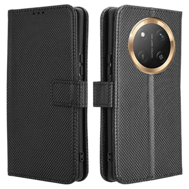 Wallet Phone Case for Honor Magic7 Lite 5G / X9c 5G / X60 Pro 5G PU Leather Diamond Texture Cover - Black
