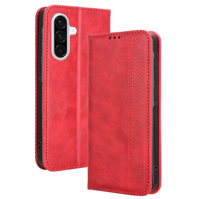 For Samsung Galaxy A56 5G Leather Case Wallet Stand Retro Texture Phone Cover - Red