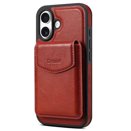 DENIOR D22 For iPhone 16 Case Detachable Card Bag Rotary Kickstand Genuine Cow Leather Phone Back Cover