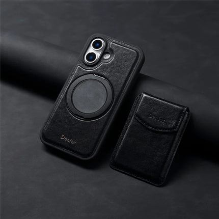 DENIOR D22 For iPhone 16 Case Detachable Card Bag Rotary Kickstand Genuine Cow Leather Phone Back Cover