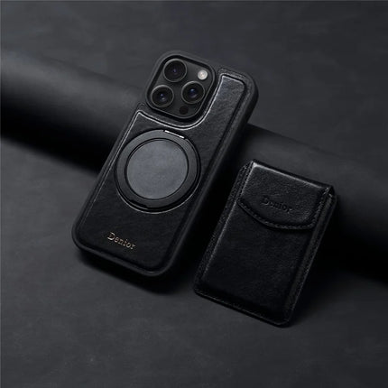 DENIOR D22 For iPhone 16 Pro Case Detachable Card Bag Rotary Kickstand Genuine Cow Leather Phone Back Cover