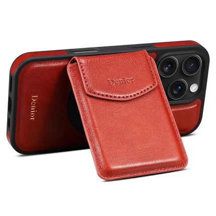 DENIOR D22 For iPhone 16 Pro Case Detachable Card Bag Rotary Kickstand Genuine Cow Leather Phone Back Cover