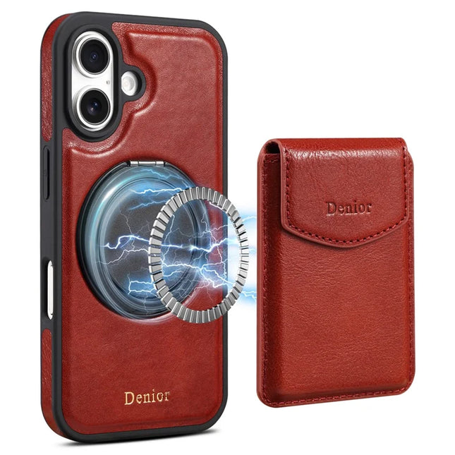 DENIOR D22 For iPhone 16 Plus Case Detachable Card Bag Rotary Kickstand Genuine Cow Leather Phone Back Cover - Red