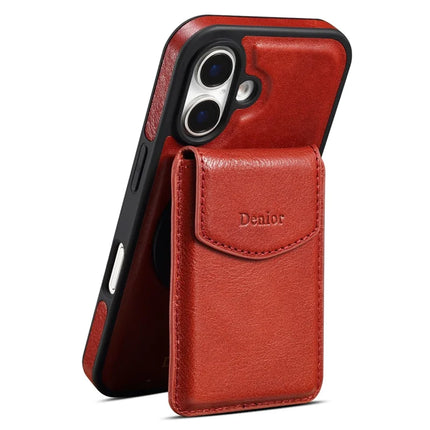 DENIOR D22 For iPhone 16 Plus Case Detachable Card Bag Rotary Kickstand Genuine Cow Leather Phone Back Cover