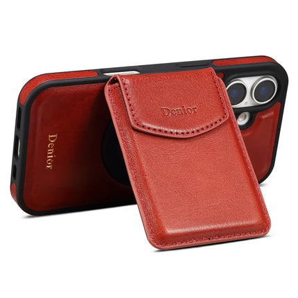 DENIOR D22 For iPhone 16 Plus Case Detachable Card Bag Rotary Kickstand Genuine Cow Leather Phone Back Cover