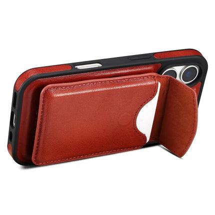 DENIOR D22 For iPhone 16 Plus Case Detachable Card Bag Rotary Kickstand Genuine Cow Leather Phone Back Cover