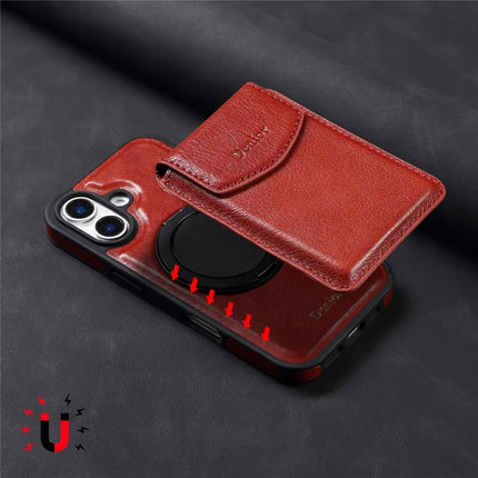 DENIOR D22 For iPhone 16 Plus Case Detachable Card Bag Rotary Kickstand Genuine Cow Leather Phone Back Cover