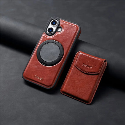 DENIOR D22 For iPhone 16 Plus Case Detachable Card Bag Rotary Kickstand Genuine Cow Leather Phone Back Cover