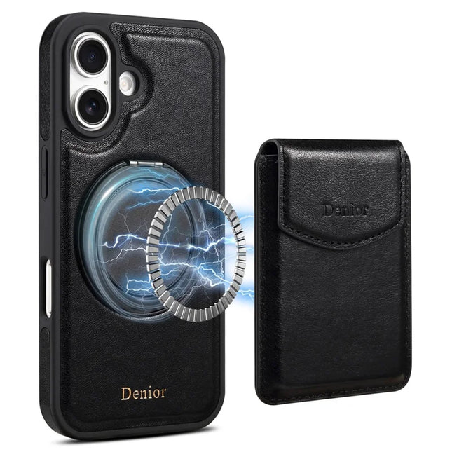 DENIOR D22 For iPhone 16 Plus Case Detachable Card Bag Rotary Kickstand Genuine Cow Leather Phone Back Cover - Black