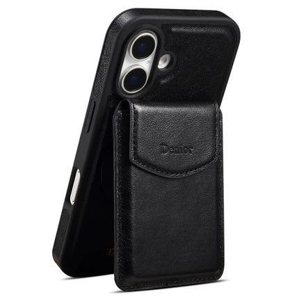 DENIOR D22 For iPhone 16 Plus Case Detachable Card Bag Rotary Kickstand Genuine Cow Leather Phone Back Cover