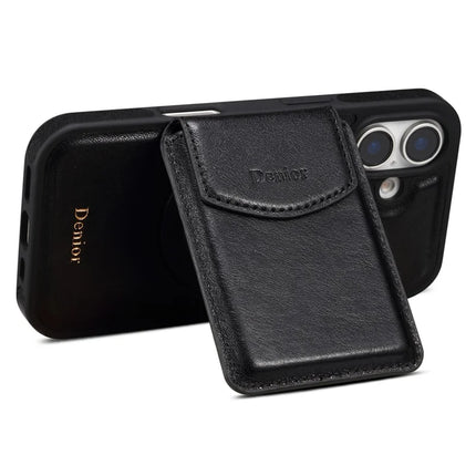 DENIOR D22 For iPhone 16 Plus Case Detachable Card Bag Rotary Kickstand Genuine Cow Leather Phone Back Cover