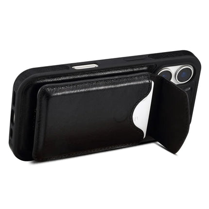 DENIOR D22 For iPhone 16 Plus Case Detachable Card Bag Rotary Kickstand Genuine Cow Leather Phone Back Cover