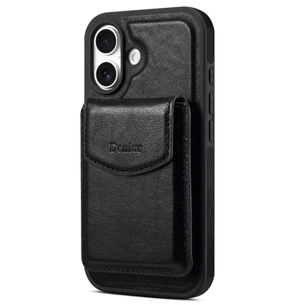 DENIOR D22 For iPhone 16 Plus Case Detachable Card Bag Rotary Kickstand Genuine Cow Leather Phone Back Cover
