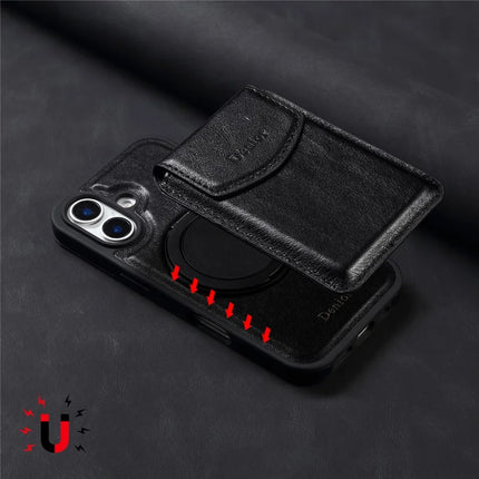 DENIOR D22 For iPhone 16 Plus Case Detachable Card Bag Rotary Kickstand Genuine Cow Leather Phone Back Cover