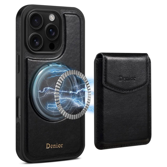 DENIOR D22 For iPhone 16 Pro Max Case Detachable Card Bag Rotary Kickstand Genuine Cow Leather Phone Back Cover - Black