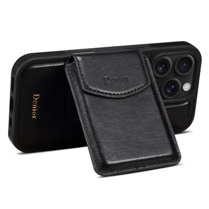 DENIOR D22 For iPhone 16 Pro Max Case Detachable Card Bag Rotary Kickstand Genuine Cow Leather Phone Back Cover