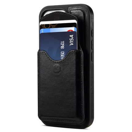 DENIOR D22 For iPhone 16 Pro Max Case Detachable Card Bag Rotary Kickstand Genuine Cow Leather Phone Back Cover