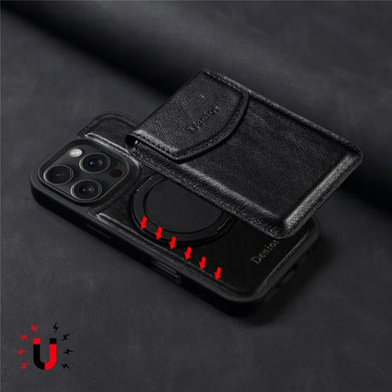 DENIOR D22 For iPhone 16 Pro Max Case Detachable Card Bag Rotary Kickstand Genuine Cow Leather Phone Back Cover