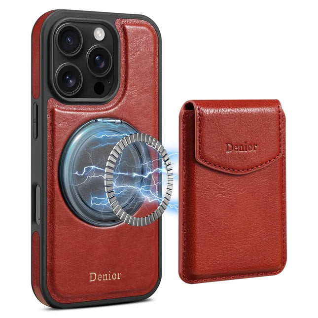 DENIOR D22 For iPhone 16 Pro Max Case Detachable Card Bag Rotary Kickstand Genuine Cow Leather Phone Back Cover - Red